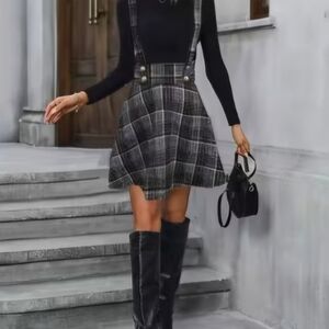 Shein Plaid Circle Mini Skirt With Suspenders Blue Brown Sz L